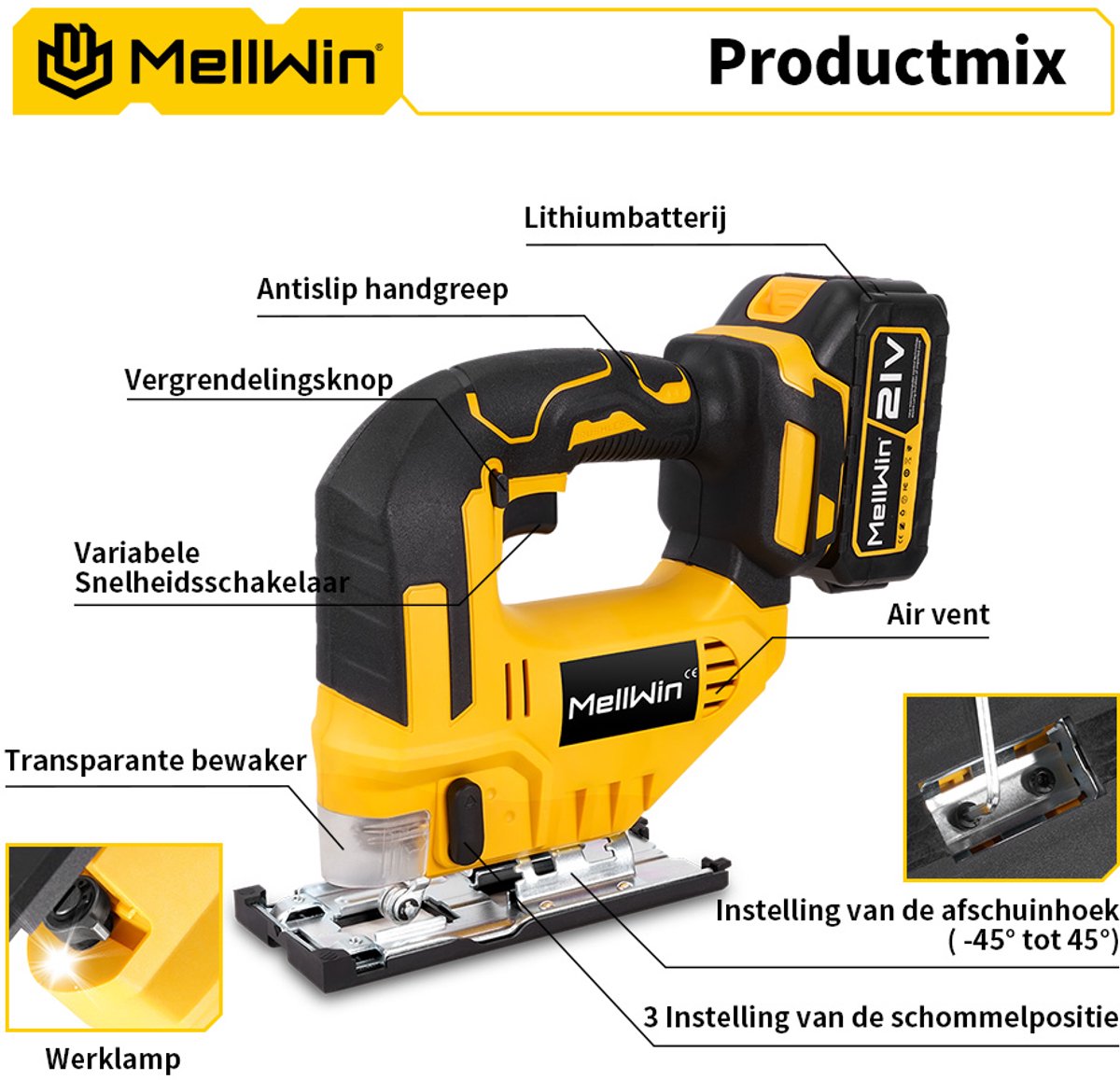 MellWin Accu Decoupeerzaag - 21V Elektrische Decoupeerzaag - Incl. 2x Accu & 31x zaagbladen - verstekzaaghoek ± 45° - Snelspansysteem - voor hout, metaal, kunststof, multiplex – foto 3