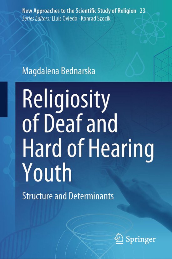 Boekomslag 'Religiosity of Deaf and Hard of Hearing Youth' met abstracte blauwe grafische achtergrond.