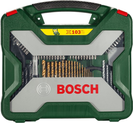 Gesloten groene Bosch koffer met 'X103' erop, met zicht op diverse boren binnenin.