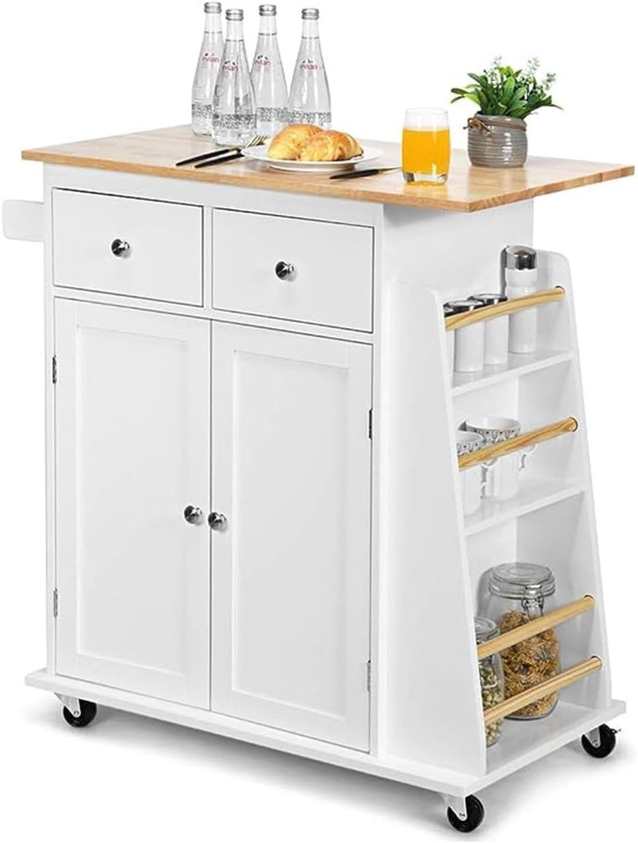 KOMFOTTEU Keukenwagen met werkblad 80 x 45 cm, keukeneiland op wielen, keukenkast met laden, kruidenrek, keukentrolley van massief hout voor keuken eetkamer