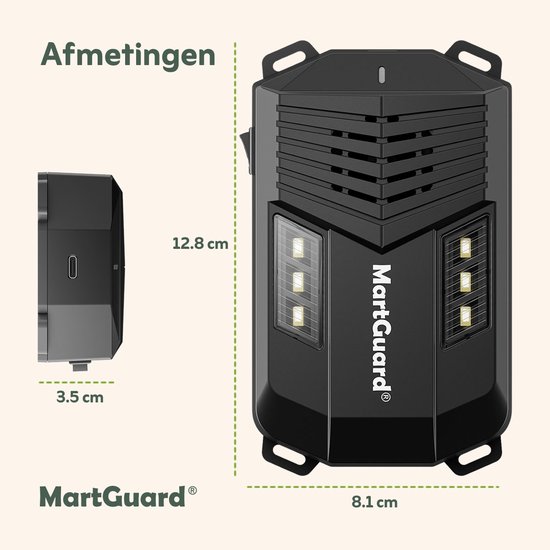 MartGuard verjager: 12.8 cm hoog, 8.1 cm breed, 3.5 cm diep.