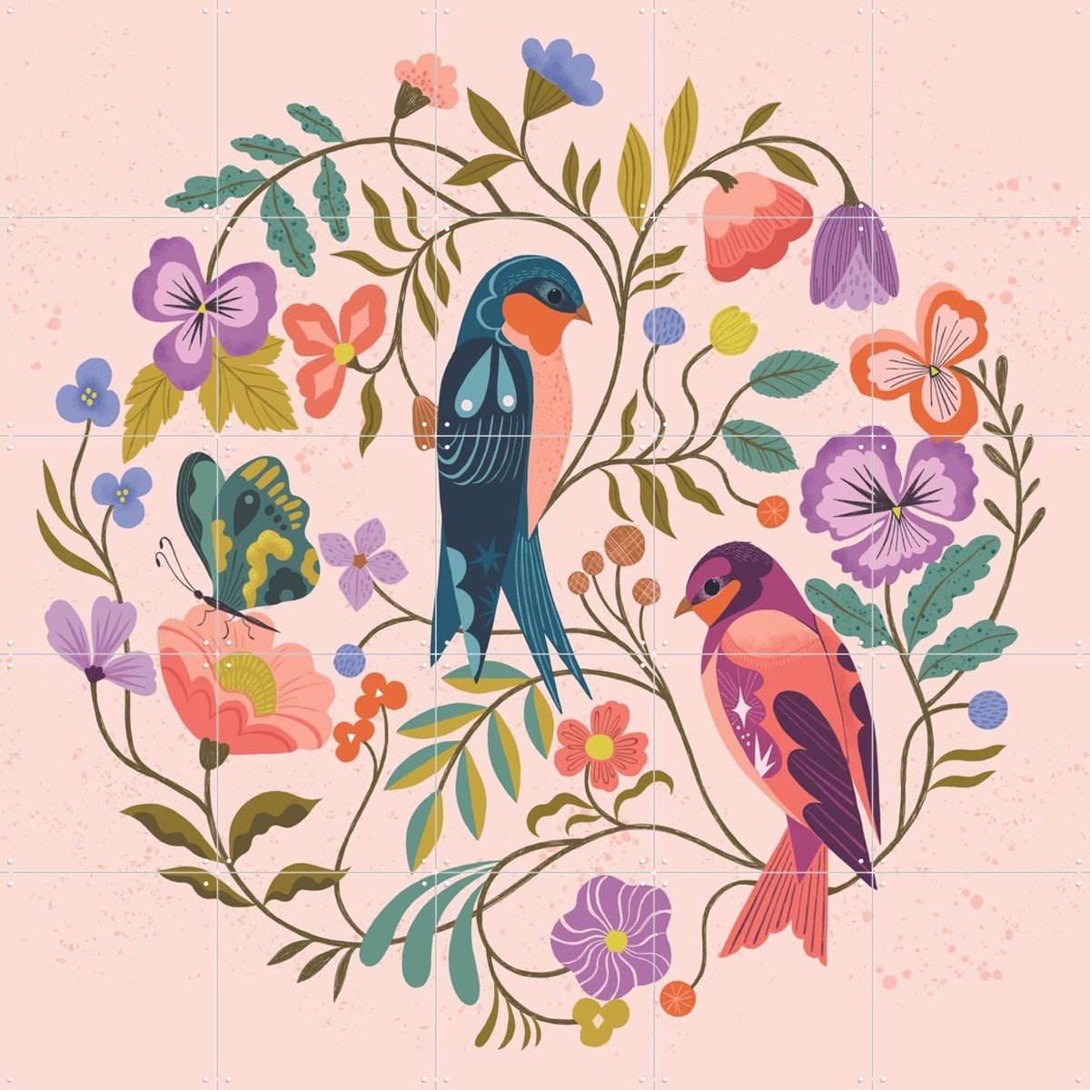 IXXI Swallow Birds, Bethan Janine - 100 x 100 cm - Gratis ophangtool - Grote wanddecoratie en posters - Fantasierijk, Kleurrijk, Illustraties