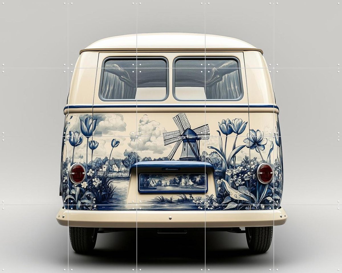 IXXI Delfts Blauwe VW Bus 2, Margriet Hulsker - 100 x 80 cm - Gratis ophangtool - Grote wanddecoratie en posters - Vintage, Illustraties, Woonkamer