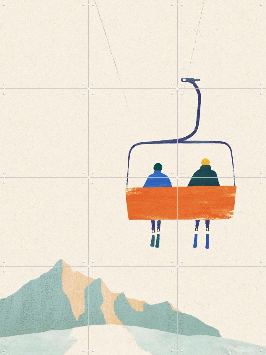 IXXI Ski Day 1 - Chairlift, Henry Rivers - 60 x 80 cm - Gratis ophangtool - Grote wanddecoratie en posters - Illustraties, Minimalisme, Speels