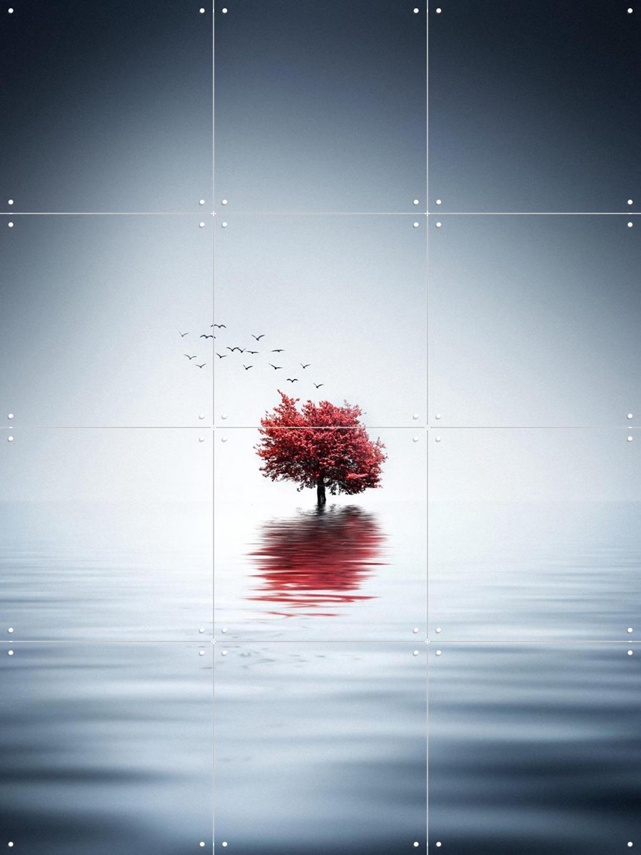 IXXI Autumn Tree reflected in Blue Lake, Bess Hamiti & Various - 60 x 80 cm - Gratis ophangtool - Grote wanddecoratie en posters - Minimalisme