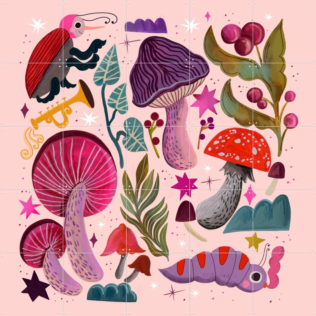 IXXI Mushroom Forest, Lena Addink - 100 x 100 cm - Gratis ophangtool - Grote wanddecoratie en posters - Grafisch Ontwerp, Speels, Illustraties