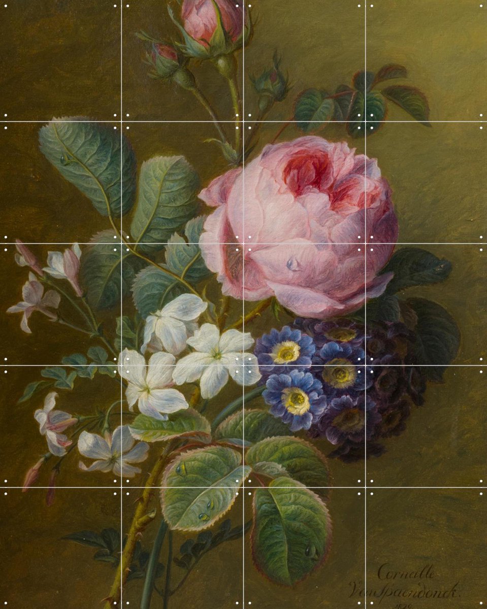 IXXI Boeket van oude rozen, jasmijn en sleutelbloemen, Gerard van Spaendonck & Het Noordbrabants Museum - 80 x 100 cm - Gratis ophangtool - Grote