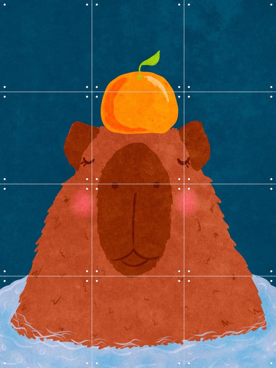 IXXI Capybara With Orange, Raissa Oltmanns - 60 x 80 cm - Gratis ophangtool - Grote wanddecoratie en posters - Cartoonesk, Kleurrijk, Speels