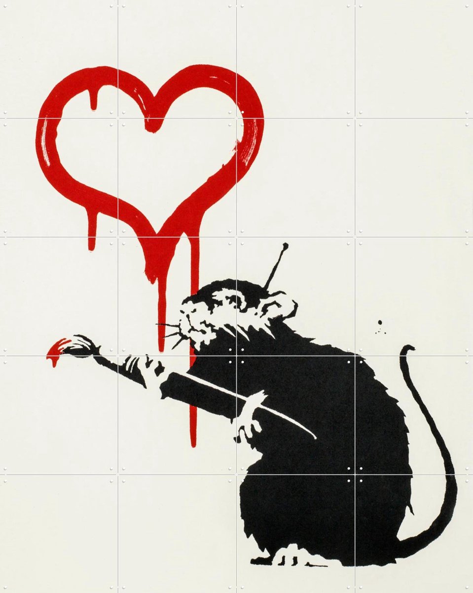 IXXI Love Rat, Banksy - 80 x 100 cm - Gratis ophangtool - Grote wanddecoratie en posters - Street art, Houtsnede, Pop art, Illustraties, Mancave