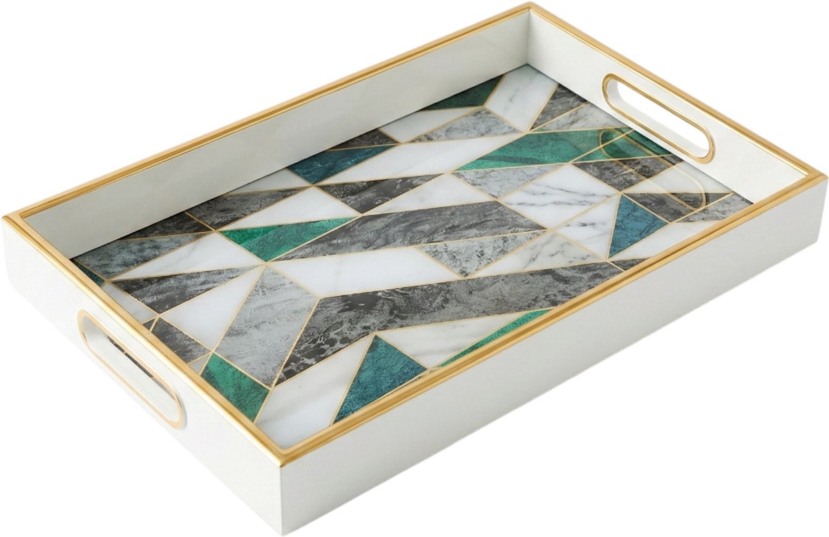 IvoQ Luxe Dienblad Marmerlook – 45x30 cm – Goud & Wit – Rechthoekig Serveerblad met Handgrepen – Decoratie voor Salontafel – Hotel Chique Design