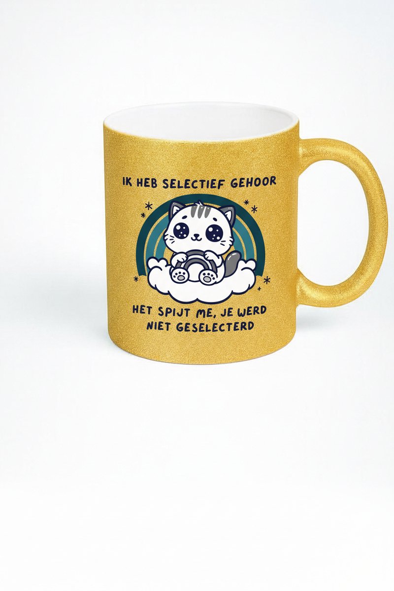 Gouden Mok "Ik Heb Selectief Gehoor" - Cadeau voor Kattenliefhebbers