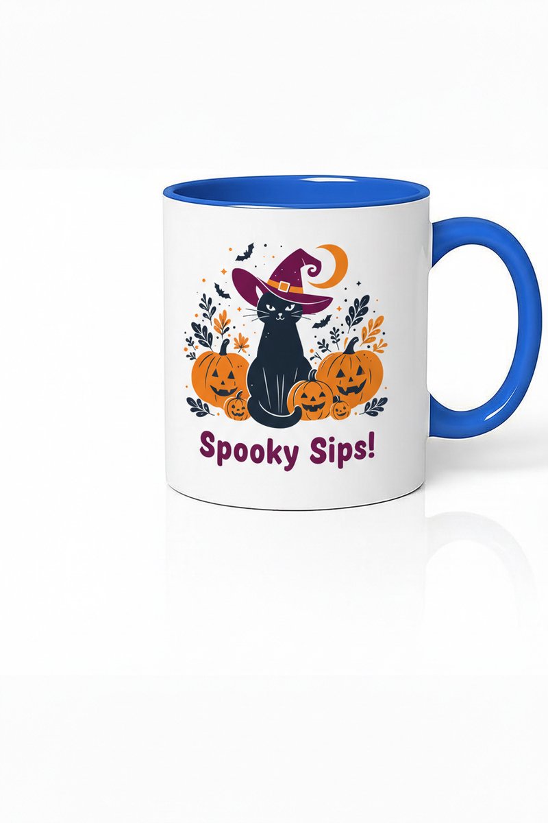 Halloween Mok - Spooky Sips Zwarte Kat met Heksenhoed - Cadeau Idee