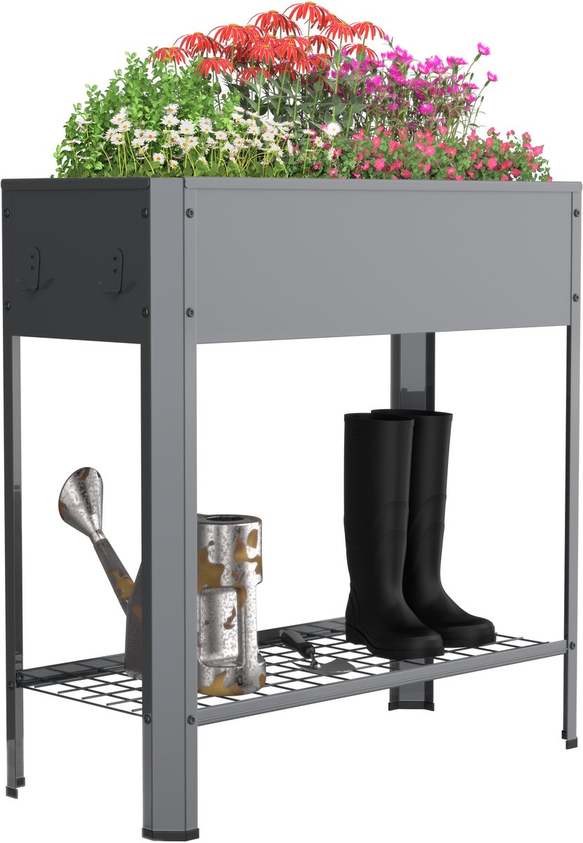 VCM Metall Hochbeet mit Ablage 80x35x80 cm, stehender Pflanzkasten für Balkon Terrasse Garten, Blumenkasten auf Beinen, Balora XL