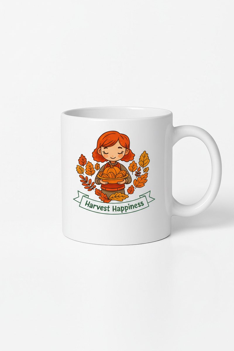 Harvest Happiness Mok - Herfstmok met Vrolijk Meisje en Pompoenen