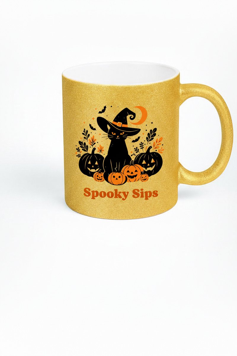Halloween Mok - Spooky Sips Glitter Koffiemok met Zwarte Kat en Pompoenen