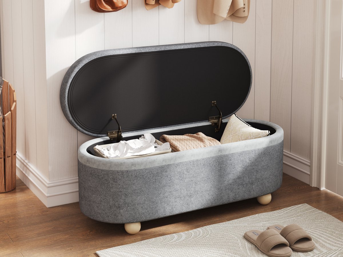 Bank met opbergruimte en zachte fleece bekleding – Deze multifunctionele bank – voorzien van houten poten en een opklapbaar deksel – is ideaal voor in de woonkamer, de hal of de slaapkamer – grijs – afmetingen: 110 x 41 x 47 cm