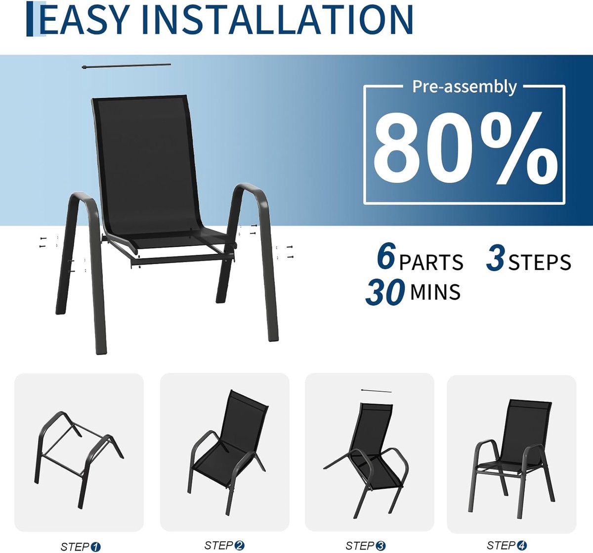 Tuinstoelen Set van 4 - Stapelbaar - Textileen & Metaal - Weerbestendig en Roestvrij - Luxe Buitenstoelen voor Tuin, Balkon & Terras - Zwart – foto 7