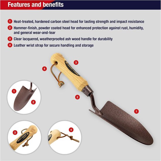 Hand Trowel - Tuinschepje - Planten en verplanten - Roestbestendige kop - 32 cm lengte - Houten handvat — afbeelding 3