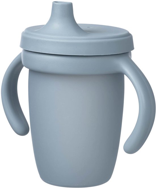 Tasse à bec en silicone gris clair avec poignées et couvercle.
