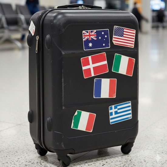 Zwarte koffer met reisstickers van diverse landen, waaronder Australië, Denemarken, Frankrijk, Italië, Griekenland en de VS.
