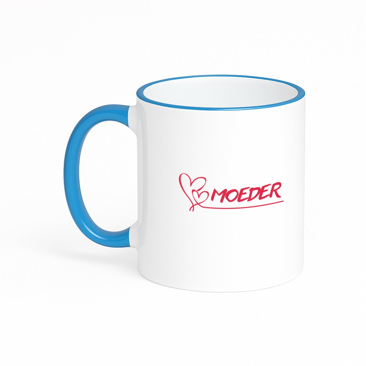 Hacebo® - Moeder met 2 rode harten en lijn koffiebeker met gekleurde rand blauw - Moeder - Liefste moeder - thee mok - koffie beker - moederdag cadeautje - Cadeau voor mama - Verjaardag - Geschenk - Cadeau - Gift - koffiemok - 330 ML
