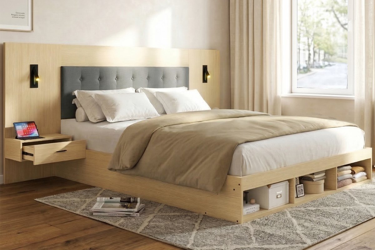 Tweepersoonsbed 160 x 200 cm – opbergbed – houten bed – tienerbed – voorzien van USB- en T
