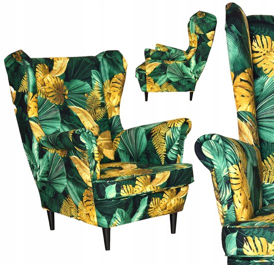 Foto: Family meble ari print scandinavische wingbackstoel groen geel monstera ergonomische armleuningen opvallende stof