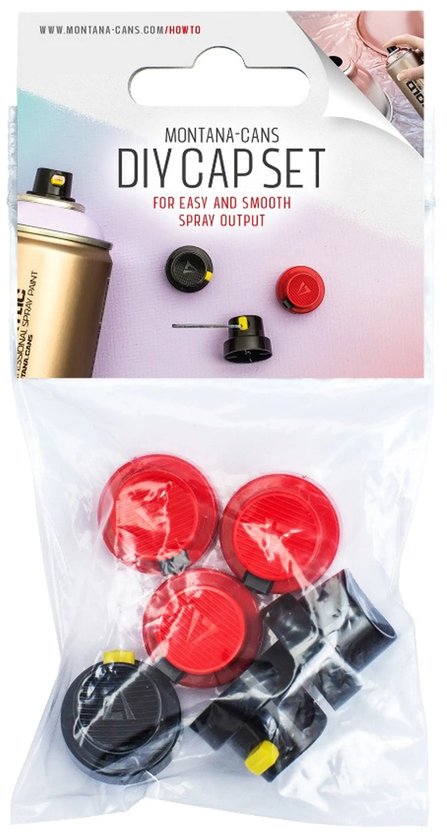 Pack Montana DIY Cap Set avec embouts de pulvérisation rouges et noirs.