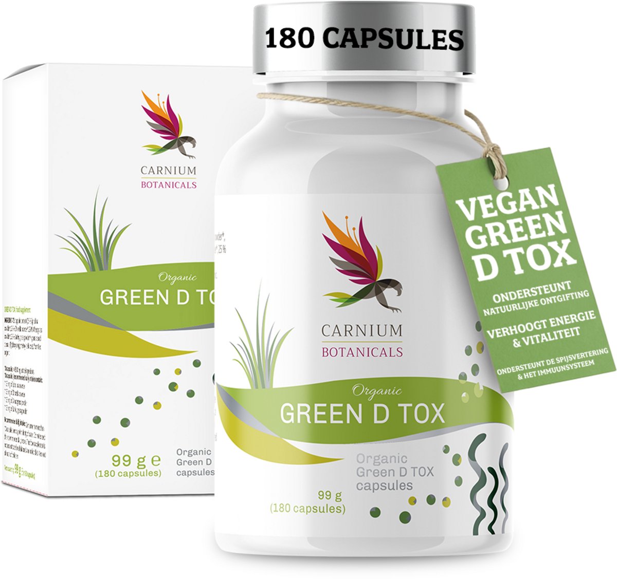 Carnium Botanicals Green D TOX - Detox Superfood Capsules met Spirulina & Chlorella - Energie & Reiniging - 180 Capsules - 20 Dagen