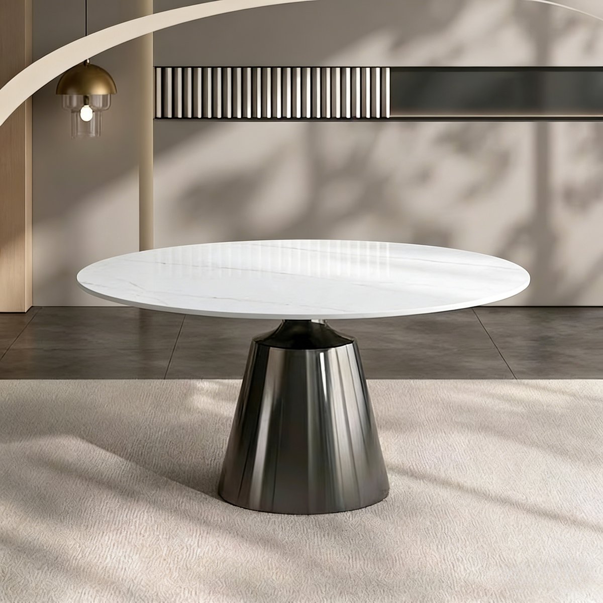 Ronde Eettafel Keramiek Ø 150 cm - Marmerlook - Koolstofstalen Onderstel - Stalen poten - Glanzende afwerking - 12mm - Sneeuwwit - Onderhoudsvriendelijk - Koolstofstaal - Geschikt voor 4 tot 6 Personen