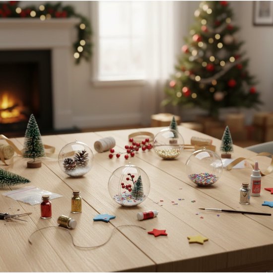 Houten tafel met kerstboomversieringen, glitter, dennenappels, kleine kerstboompjes en kerstballen.