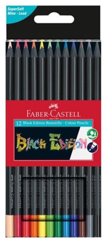 Faber-Castell 12 Black Edition kleurpotloden in verpakking, zwarte omhulsels, bovenaan met kleurenpuntjes, onderaan met gekleurde uiteinden.