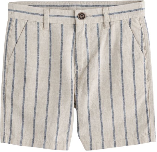 Beige linnen korte broek met verticale blauwe strepen, op witte achtergrond.