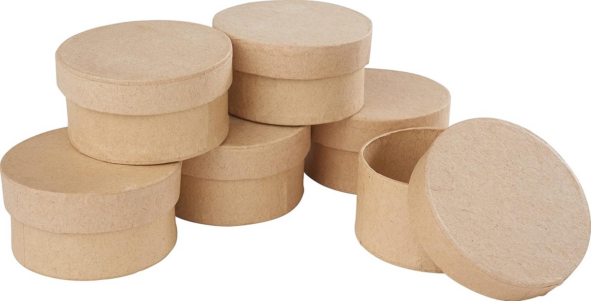 Ronde Dozen - Papier-maché Bakjes - Creatief Knutselen - Set van 6 - 6cm Doorsnee - Bruin