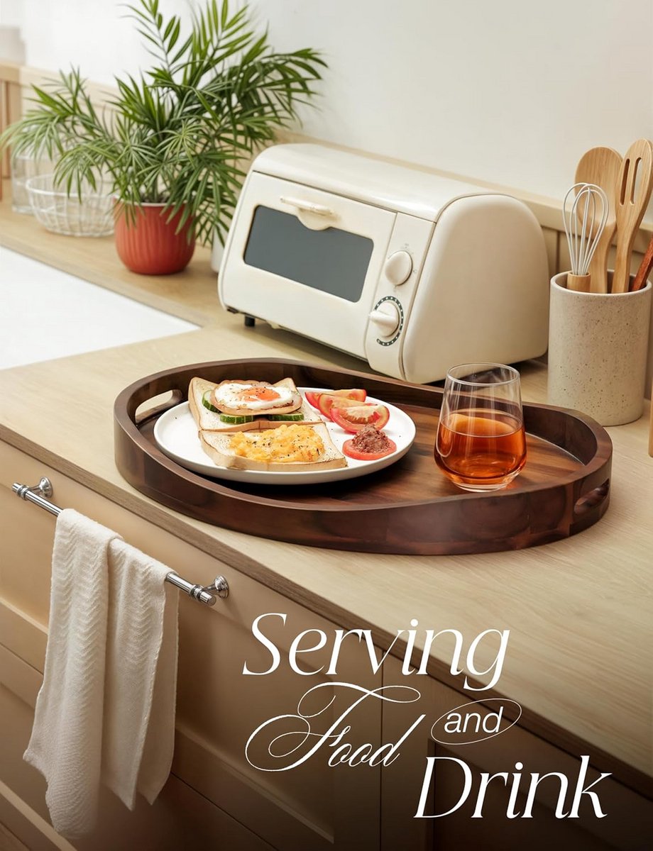 Ovale Houten Dienblad - Serveerschaal Met Handvatten - Ontbijt Op Bed - Extra Groot Forma - 50x35 Cm - Walnoot — cadeau in Cadeau-ideeën - foto 6