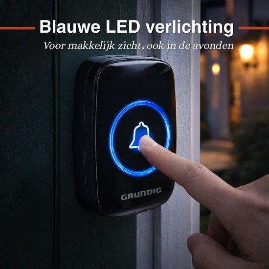 Grundig Draadloze Deurbel Set - Deurbel Draadloos 300 Meter Bereik - Draadloze Beldrukker met LED Licht en 60 Melodieën - Plug-In Ontvanger - Inclusief Batterij - Zwart — afbeelding 3