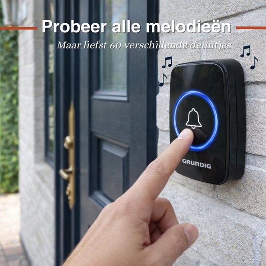 Grundig Draadloze Deurbel Set - Deurbel Draadloos 300 Meter Bereik - Draadloze Beldrukker met LED Licht en 60 Melodieën - Plug-In Ontvanger - Inclusief Batterij - Zwart — afbeelding 4
