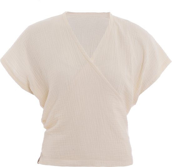 Ecru mousseline wikkel top met korte mouwen en strikbanden, gedragen als een blouse.