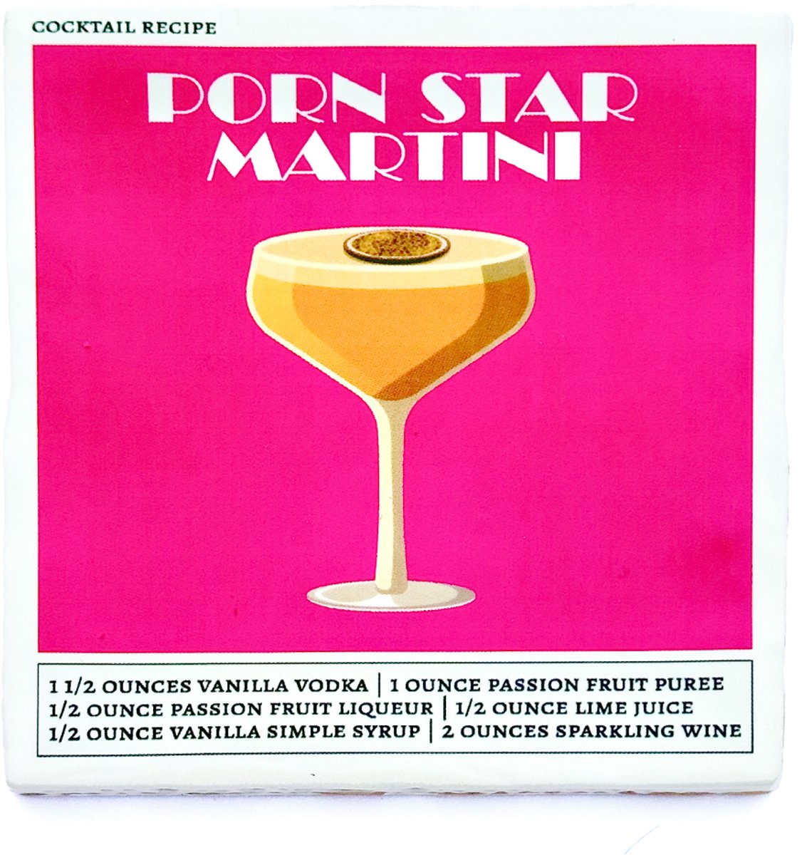 Snoes Cadeautegel Pornstar Martini Recept - Keramiek Tegeltje 10x10 cm - Felroze Design - Inclusief Plakhaakje - Cocktail Decoratie - Brievenbuscadeau Wit