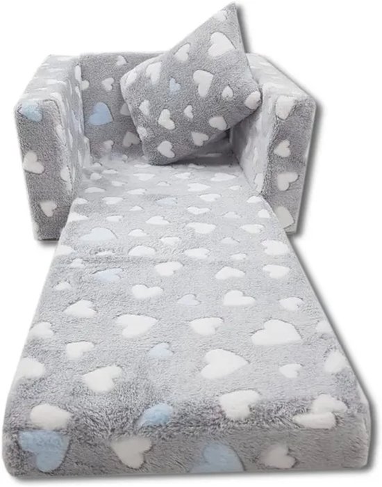 Kindvriendelijke opvouwbare pluchen kinderstoel met zitting en ligfunctie - comfortabel kids relaxfauteuil, blauwe harten van Merkloos — afbeelding 4