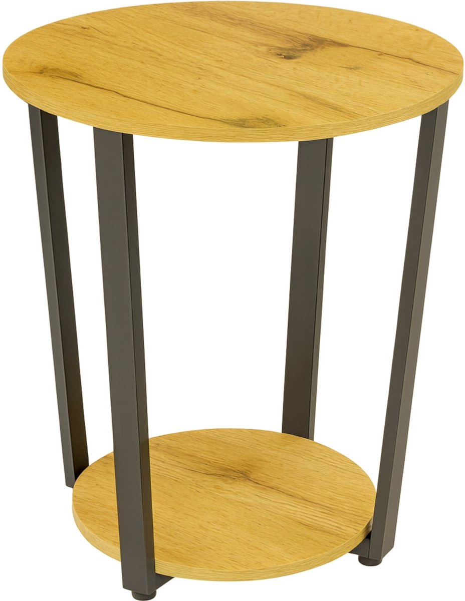 BEGRYF Ronde Bijzettafel met Onderplank – Industrieel Tafeltje – Eiken Look & Zwart Ø46 cm