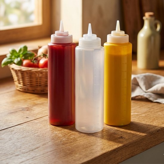 Plasticforte Doseerfles/sausfles - 4x stuks - kunststof - transparant - met schenktuit - 1000 ml - 22 cm