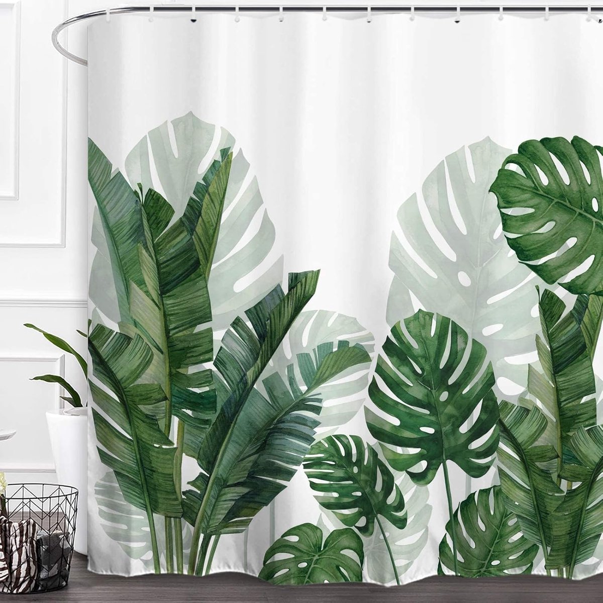 Douchegordijn Tropische Planten - Waterdicht & Wasbaar - 180x180 cm - Met Haken - Bananen- & Monstera Blad - Palmboom Design - Groen
