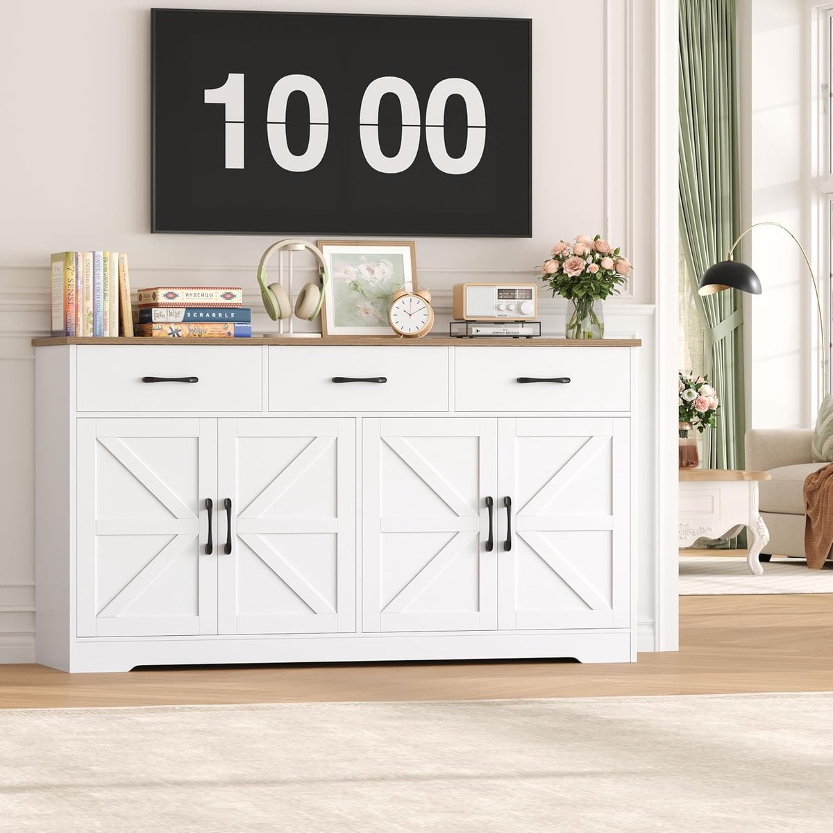 Keukenkast met werkblad 150x38,5x81,5 cm – Dressoir met 4 deuren en 3 laden – Moderne buffetkast met opbergruimte en verstelbare planken – Wit houtlook – Laura