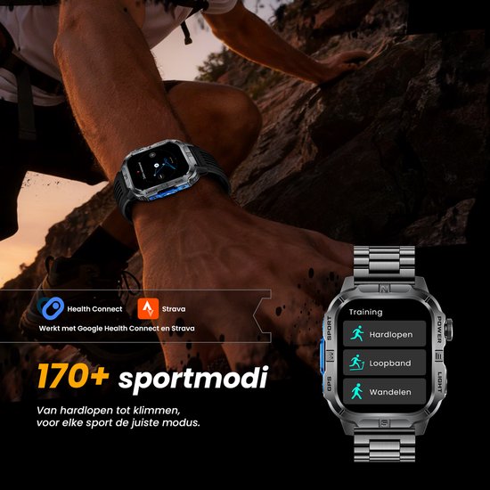 Maoo FORGE GPS Square - GPS Smartwatch Heren - Sporthorloge - 3 Bandjes - Stappenteller - Hartslagmeter - Slaapmonitor - Belfunctie - LED Zaklamp - Multisport - Geschikt voor Android en iOS - Gun Metal Blue