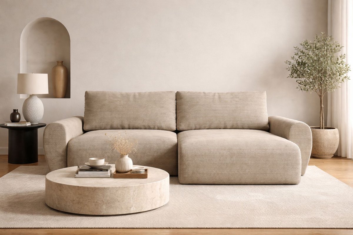 Hoekbank Pass- ribstof taupe- lounge universeel- hoeksalon met bed en opbergruimte