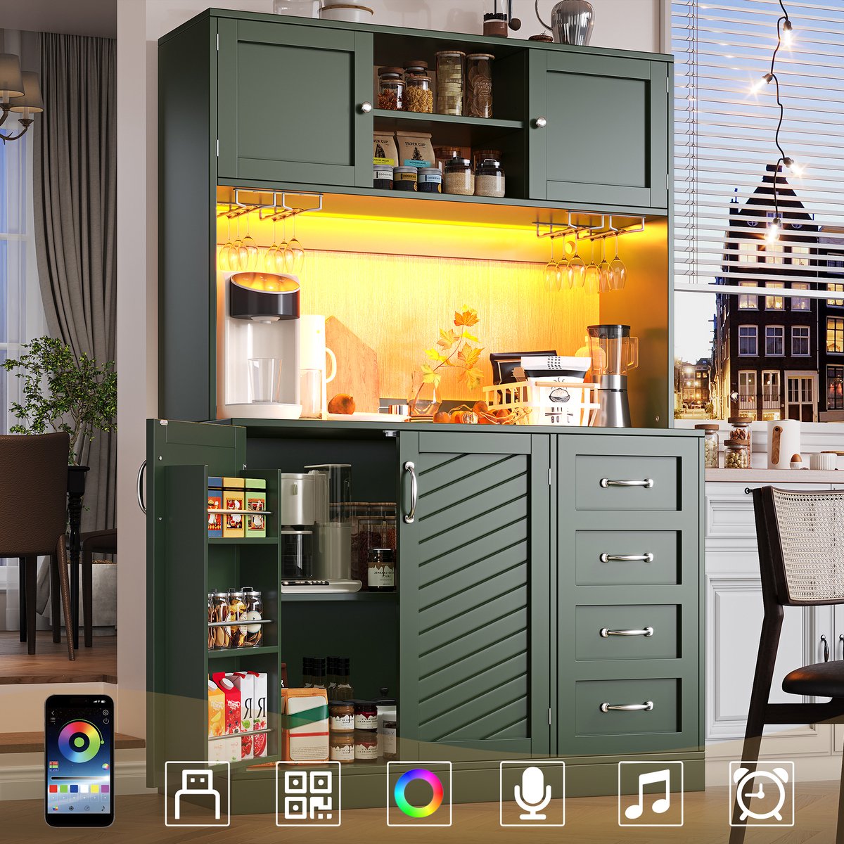 REDOM - Buffetkast - Met Ledverlichting En Drankhouders - Modern - MDF - Groen - 120 X 40 X 188 Cm