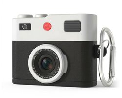 Zwart wit hoesje voor oordopjes unisex in retro camera vorm met karabijnhaak geschikt voor AirPods Pro 2 met reliëf details en compact ontwerp