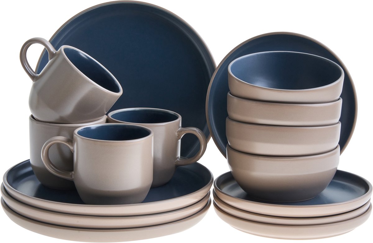 BELIANI NUTMEG - Serviesset - Beige/Blauw - Steengoed