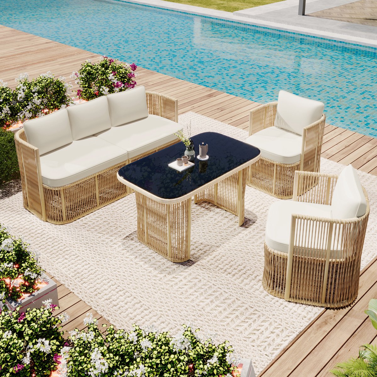 5-delige set - rieten tuinmeubelset - inclusief 3-zitsbank - 2 fauteuils en glazen tafel - met kussens en gehard glazen tafelblad